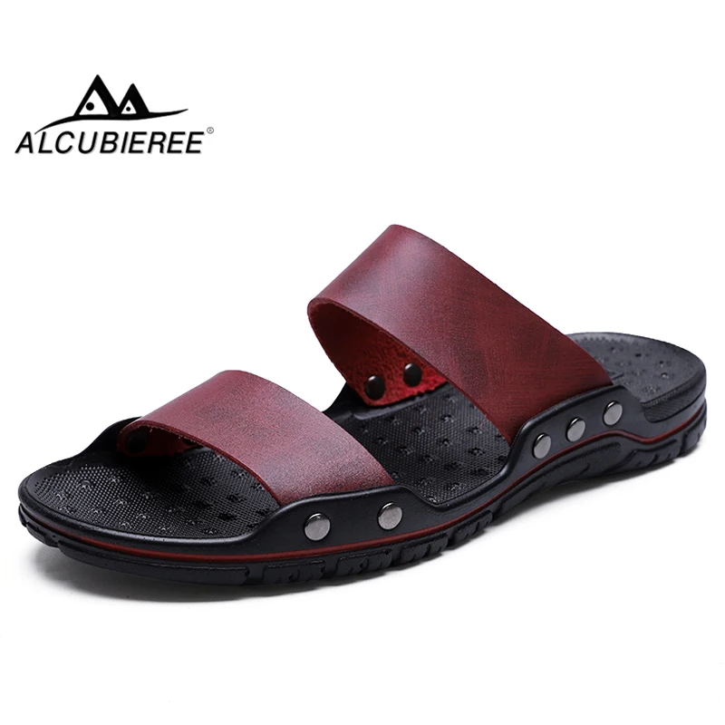 ALCUBIEREE Summer Breathable Peep Toe Sandals Footwear for Man Split Leather Slide Shoe Mens Casual Slip-on Slippers Beach Shoes | Обувь