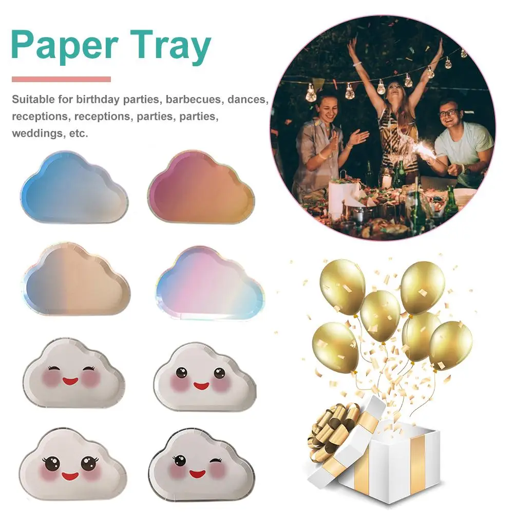 8Pcs Funny Cloud Smiley Mixed Paper Plate Tray Flatware Set Expression Picnic Tray Cute White Paper Tray For Birthday Party