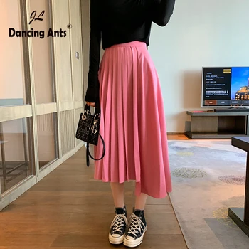 

Woman Pleated Skirts High Waist Loose Office Lady Skirts Korean Vintage Solid Asymmetrical Female Long Skirts 2020 Spring Summer