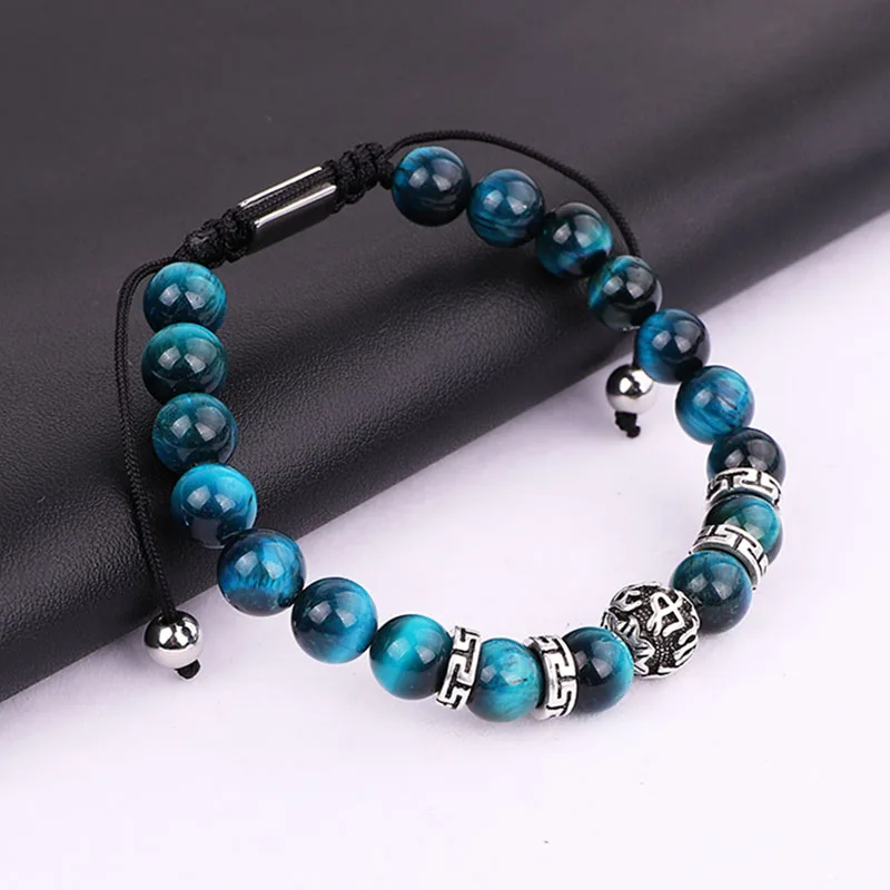 Men Jewelry Natural Stone Beads A Grade Tiger Eye Tibetan Silver Charms Wrap Adjustable Bracelet Men