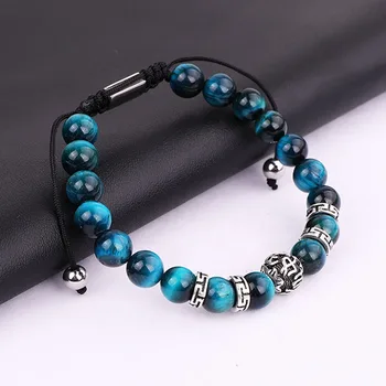 Men Jewelry Natural Stone Beads A Grade Tiger Eye Tibetan Silver Charms Wrap Adjustable Bracelet Men