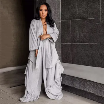 

Causal Plus Size 2 Piece Sweat Suits Solid Women Outfit Full Sleeve Long Coat Ruffles Wide Leg Pants Two Piece Set