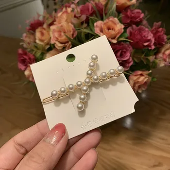 

New explosion style girl word clip simple geometric bangs clip girl pearl alloy hollow hair clip