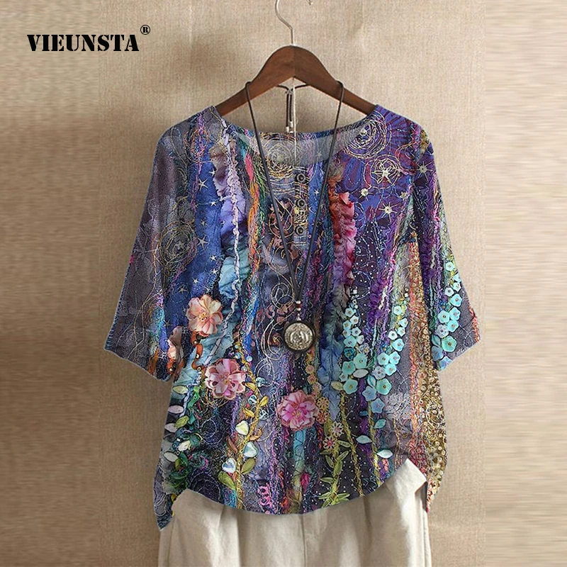 2021 Summer Vintage Floral Printed Loose Casual Buttons Blouse Shirt Elegant Half Sleeve O-neck Blouse Streetwear Women Pullover