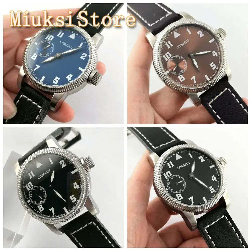 

Corgeut 2020 new mens top big watch silver case black/blue/coffee dial luminous 17 jewels hand winding 6497 movement mens watch