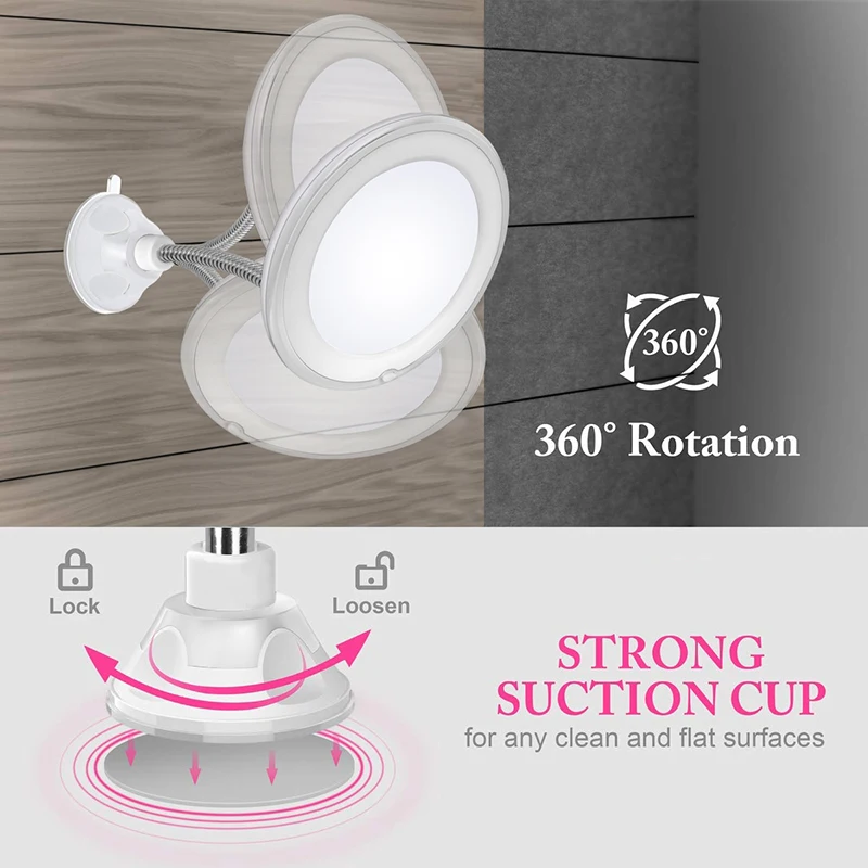 Vanity Makeup Mirror LED Light 10X Magnifying Mirror 360 Degree Rotation Flexible Suction Cup For Wall Mirror Portable Mirror