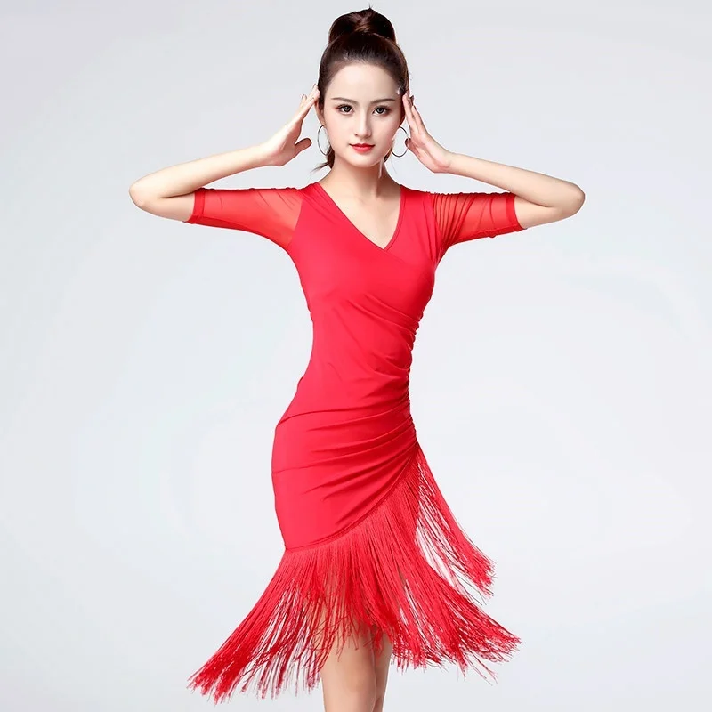 Женское латинское танцевальное платье Сальса с v-образным вырезом Танго бальный костюм с кисточками Румба 904-B119