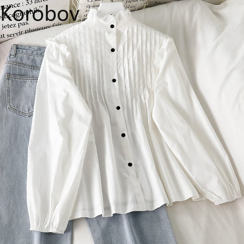 white blouse for women Korobov Autumn Winter New Chic Women Long Sleeve Blouses Korean Office Lady Stand Collar Female Shirts Puff Sleeve Blusas Mujer black long sleeve top