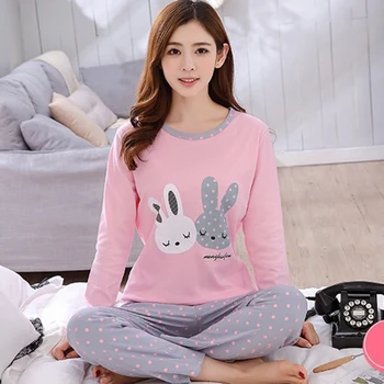 

New Fashion Cartoon Printed Long-sleeved Women's Pajamas Set Three Cat Print O-neck Pajamas + Sleep Pants