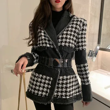 

2019 Fall Winter Coat New Fashion Blazer Women Long Sleeve Metal Button Plaid Patchwork Denim Tweed Tassel Belt Thick Outerwear