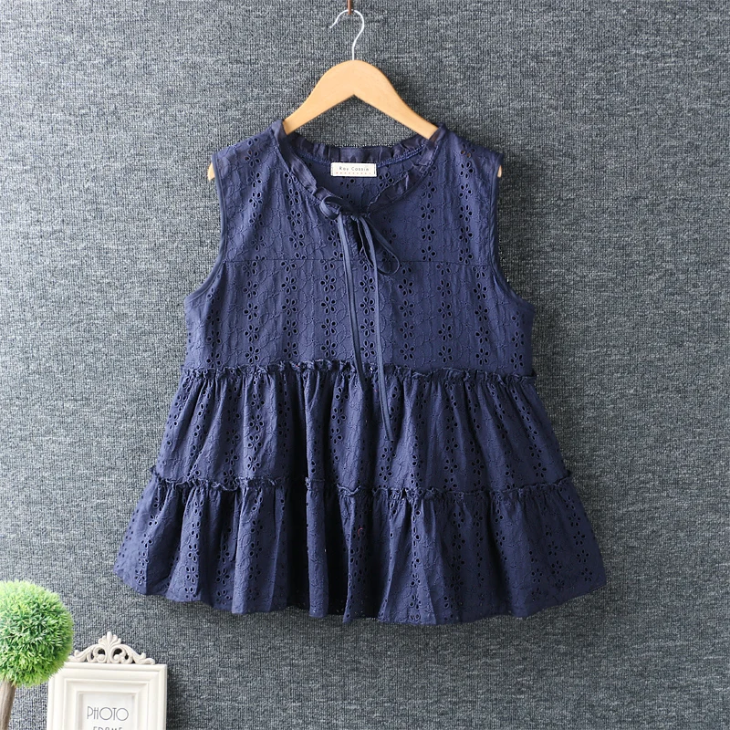 2020 summer hollow out embroidery blouse tops female cotton O-Neck sleeveless loose pullover shirt 2