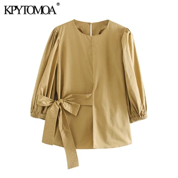 

KPYTOMOA Women 2020 Fashion Bow Tie Sashes Blouses Vintage O Neck Three Quarter Sleeve Female Shirts Blusas Chic Tops