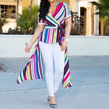 

Colorful Women Long Blouse Summer 2020 African Sexy V Neck High Waist Short Sleeve Shirts Casual Lady Blouses Shirts Tops Femme