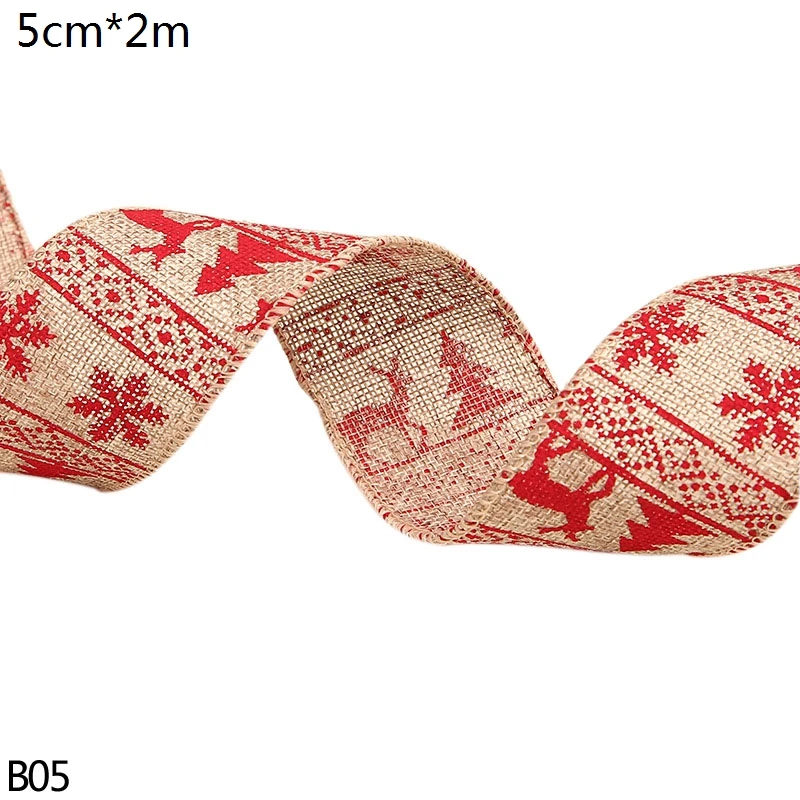 2meter Width 5/6cm Red Green Merry Christmas Ribbon DIY Gift Wrapping Ribbon Linen Lace Ribbon Sewing Fabric Wedding Decoration - Цвет: B05 xmas tree deer