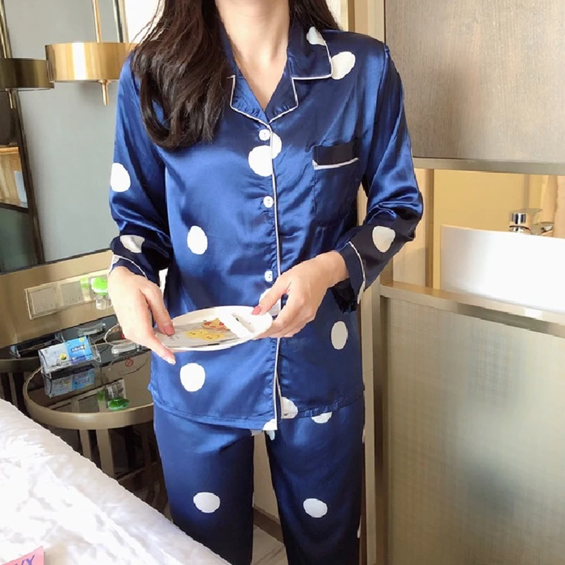 

Satin Silk Pajamas for Women's Set Long Sleeve Women Casual Pajamas Sleepwear Tops+Pants Cartoon Cute Print Button 2Pcs