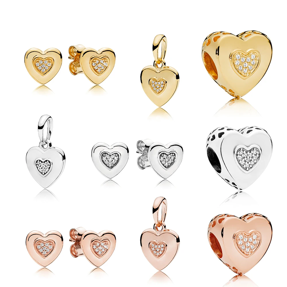 

100% 925 Sterling Silver 1:1 Heart Earring Studs ROSE LOGO HEART NECKLACE PENDANT SHINE LOGO HEART CHARM Jewelry