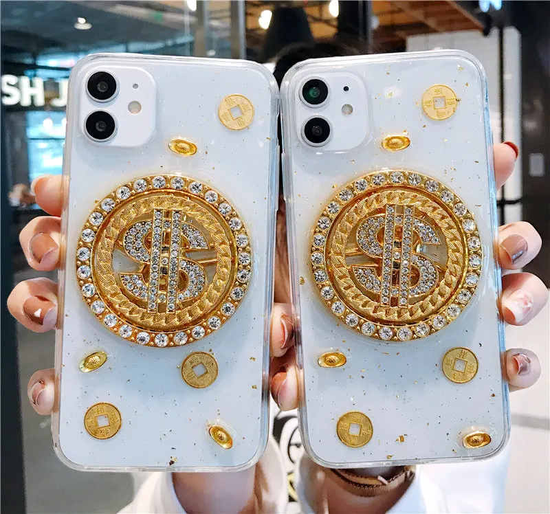 3D Dollar Spin Glitter Luxury Phone Case For iPhone 12 11 Pro Max X XSMax Turn Stents Transparen SE2020 XR 8 7 Cover | Мобильные