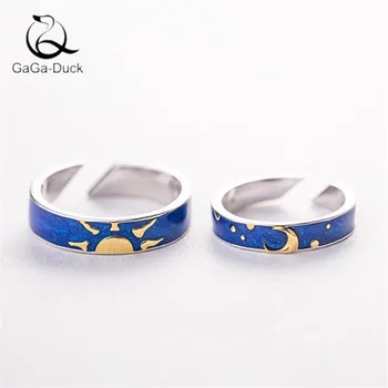 

New Creative Thinking About The Night Couple 925 Sterling Silver Fashion Jewelry Moon And Sun Blue Van Gogh Opening Rings R541