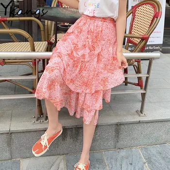 

Summer New High Waist Irregular Chiffon Skirt Women's Sweet Plaid Print Cake Skirts Female Red Ruffled Midi A-line Skirts Faldas