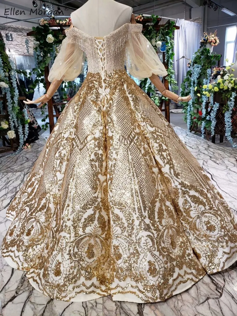 Роскошное вечерное платье из Саудовской Аравии 2019, с открытыми плечами, с рукавами до локтя, с блестками, длиной до пола, милое, 15, 16, Пышное