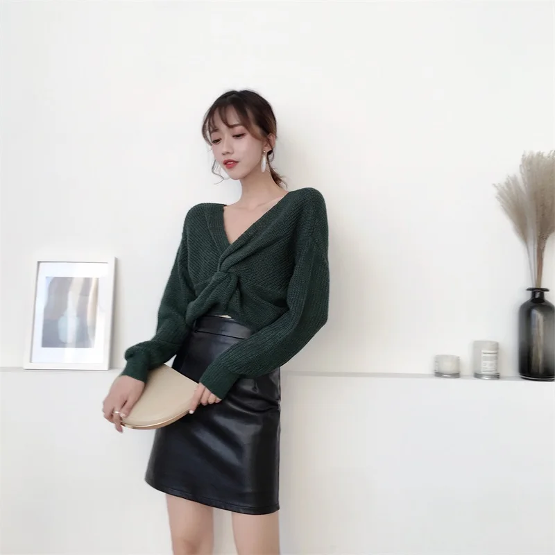 

Women's sexy V-neck high waist short sweater pullovers crop top sweater female autumn thin section loose tops woman tide GD089