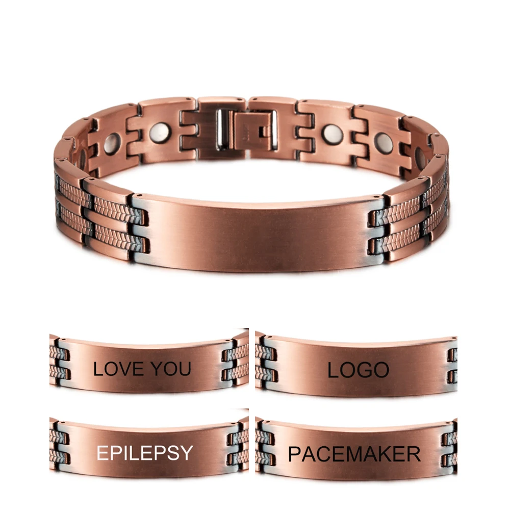 Fashion Jewelry Pure Copper Bracelet Customized Name Adjustable Medical ID Bracelet Personalized Message Reminder Magnetic Bracelets for Men