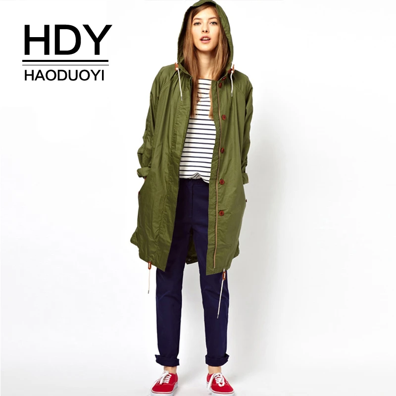 

HDY Haoduoyi Simple And Durable Autumn Army Green Street Leisure Style Long Loose Hooded Drawstring Straight Coat Trench Coat