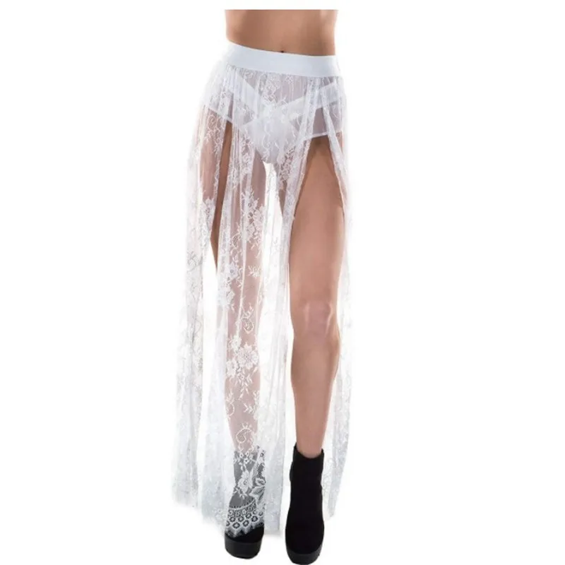 white lace Сексуальная Длинная юбка с Боковым Разрезом для фестиваля/вечерние/танцевальные кружевные юбки из тюля - Цвет: white lace