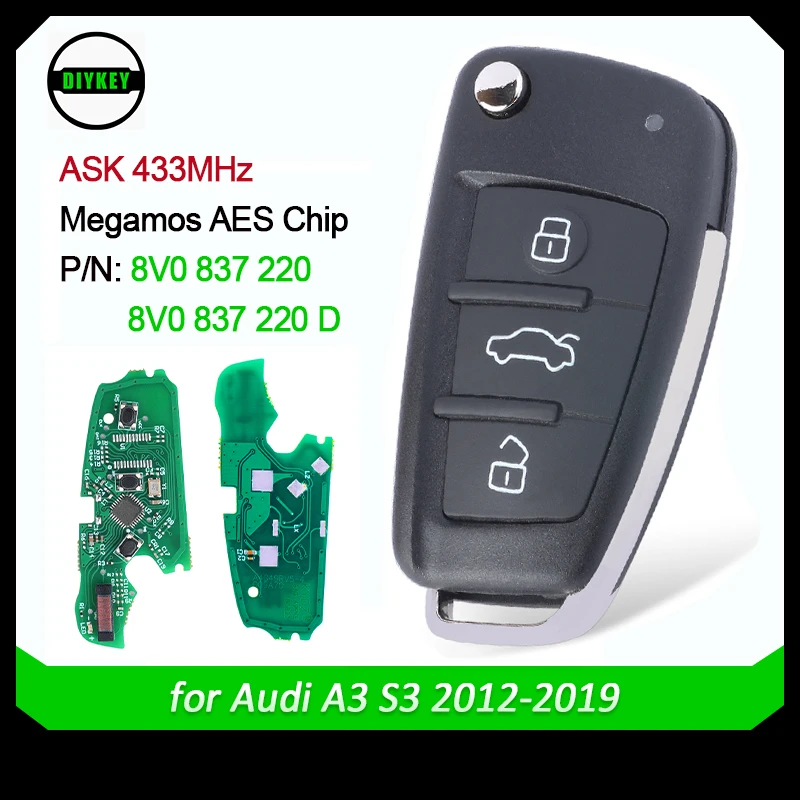 

DIYKEY Keyless for Audi A3 S3 2012 2013 2014 2015 2016 2017 2018 2019 433MHz 8V0 837 220 D 8V0837220D / 8V0837220 Remote Key Fob