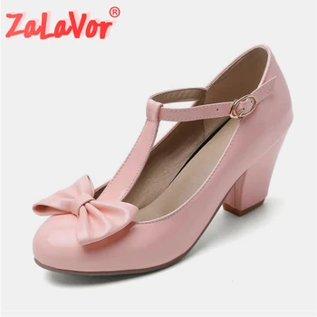 

ZALAVOR Plus Size 32-48 Women High Heels Shoes Spring Sweet Bowknot Casual Office Lady Pumps T-Strap Round Toe Party Footwear