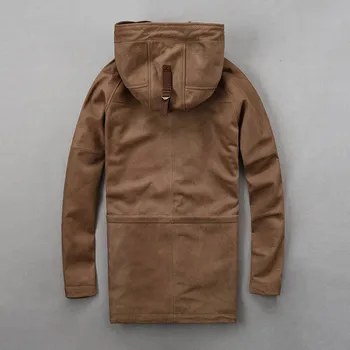 

Top Quality Men Natural Cowhide Leather Long Jacket Vintage Hoody Genuine Leather Coat Slim Fit Motorcycle Windproof Jackets 3XL