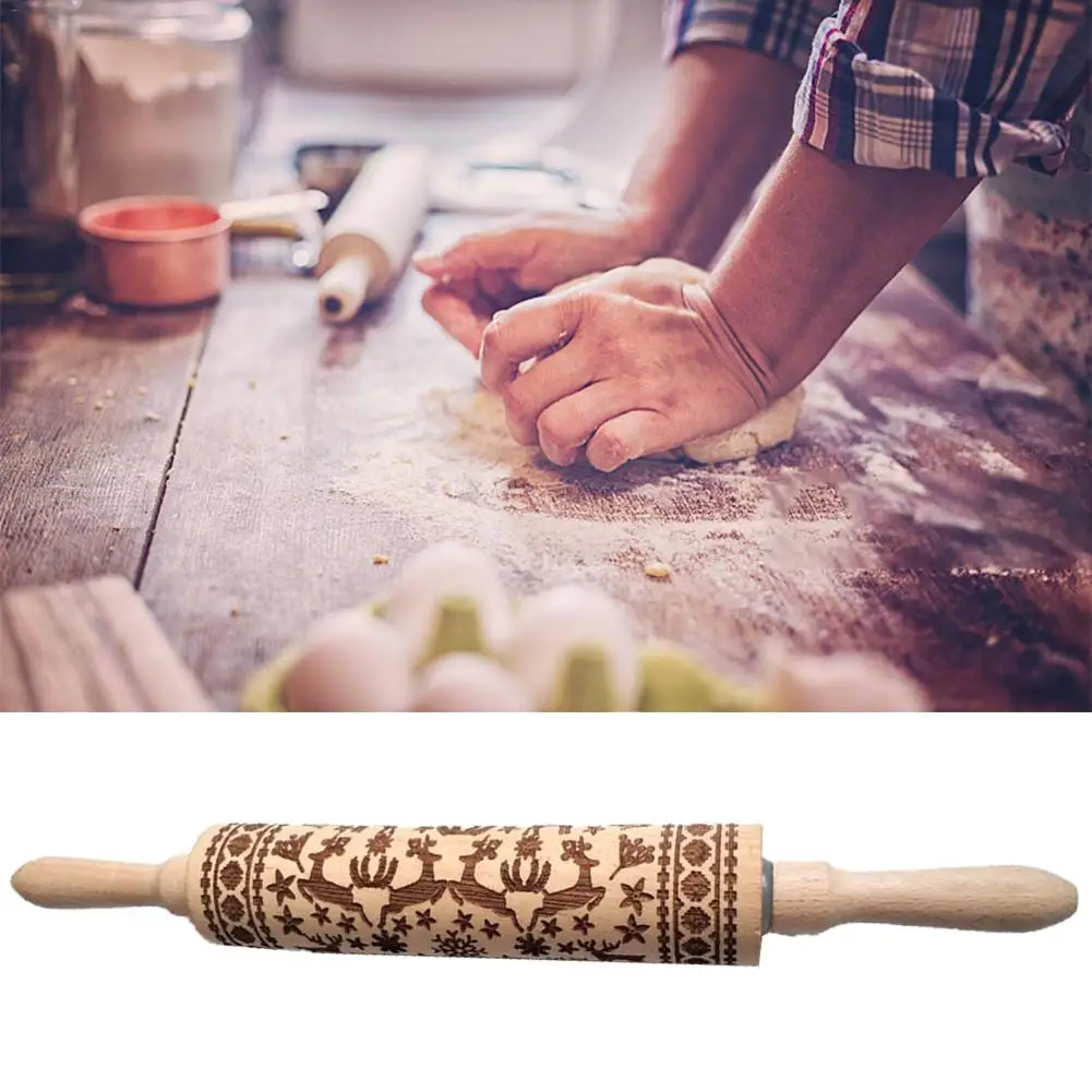 

Christmas Embossing Rolling Pin Wooden Non-stick Elk Rolling Pin Baking Tools