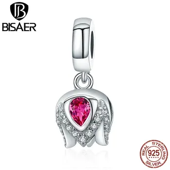 

BISAER Genuine 925 Sterling Silver Pink Crystal Tulip Pendant Charm fit for Original Silver Charms Bracelet and Necklace GXC1027