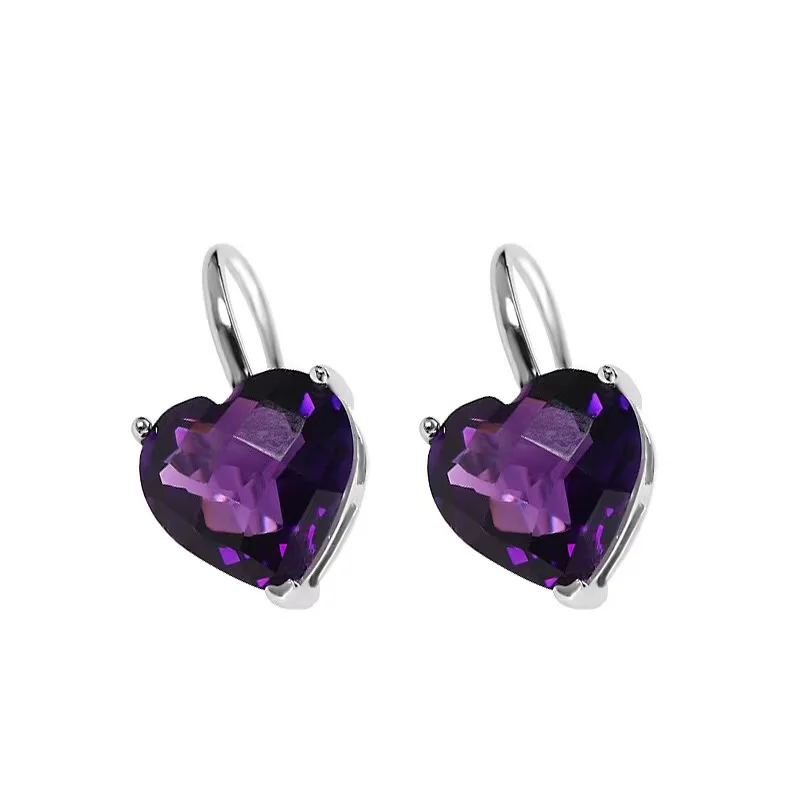

Trendy 925 Sterling Silver Heart Amethyst Blue Sandstone Crystal Clip Earrings for Women Fine Jewelry Party Earrings Wholesale