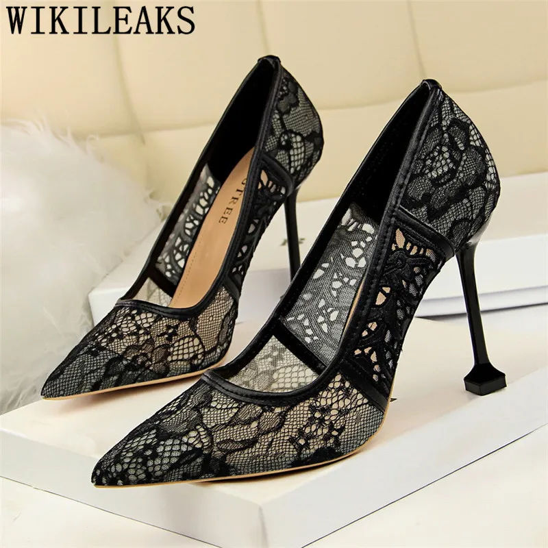 2020 Designer Pointed Toe Lace Shoes Woman High Heels Wedding