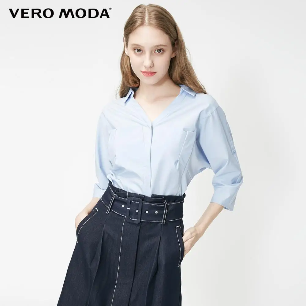 Vero Moda Женская облегающая двухполосная рубашка с 3/4 рукавами и отложным воротником | 319231585 - Цвет: C39 Soft blue