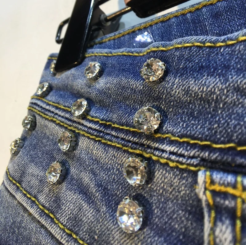 Осенние джинсы с шипами женские осенние новые тяжелые алмазные инкрустированные Гладильные Алмазные с высокой талией тонкие эластичные джинсы брюки
