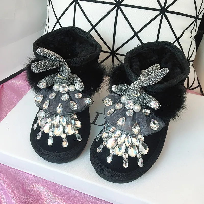 Новые зимние детские меховые детские теплые ботинки теплые ботильоны для девочек Детская обувь со стразами брендовые ботинки для малышей ботинки из натуральной кожи