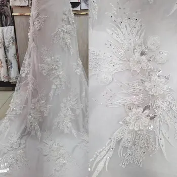 

Stylish elegance Sequins Mesh Lace Fabric Evening Dress Luxury white 3D flowers beaded African French Tulle Lace Fabric