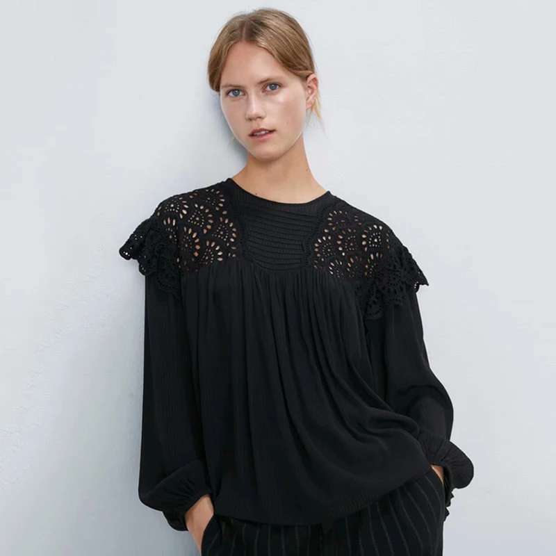 Черная элегантная Готическая открытая женская блузка, винтажная кружевная рубашка с длинным рукавом для женщин, женская одежда с пышными рукавами, осень