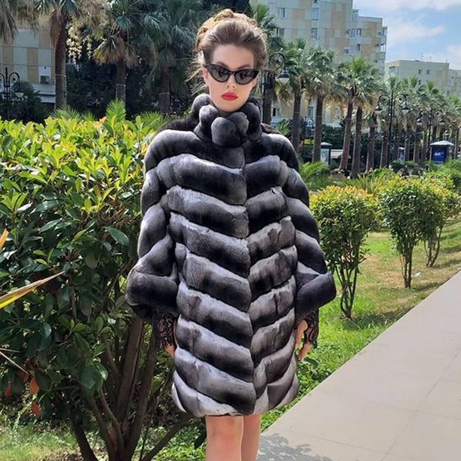 

Chinchilla Colored Fur Coat Women Natural Rex Rabbit Fur Jacket Classic Stand Collar Overcoat Autumn Winter Warm Outwear