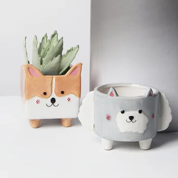 

1pc Flower Pot Creative Cartoon Animal Design Ceramic Succulent Plant Pot Succulent Container for Home (Corgi)
