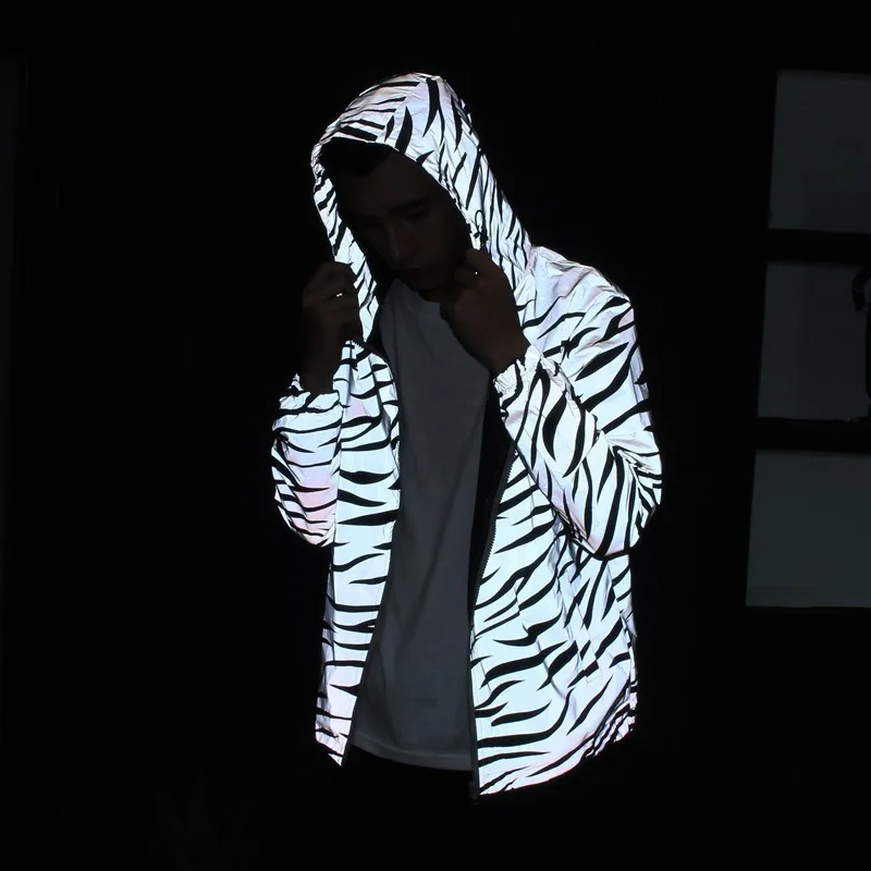 awesome  Couple Wear Women Autumn BF Style Reflective Light Luminous Zebra Pattern Stripe Hooded Jacket Hara