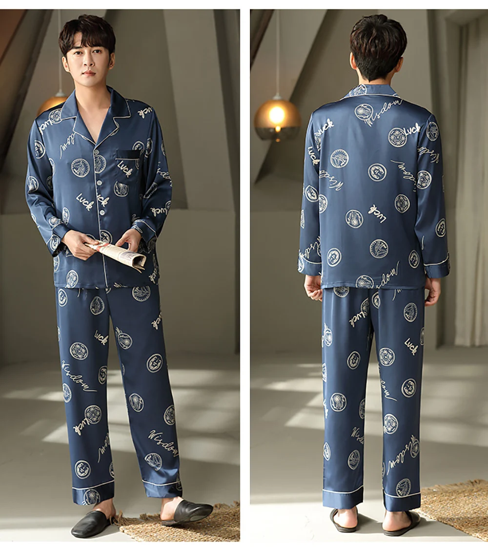 mens cotton pajama pants Spring Ice Silk Thin Pajama Sets Men Summer Pajama Male Print Sleep Tops+Elastic Waist Trousers Loose Soft Pijama Sleepwear Sets checkered pajama pants