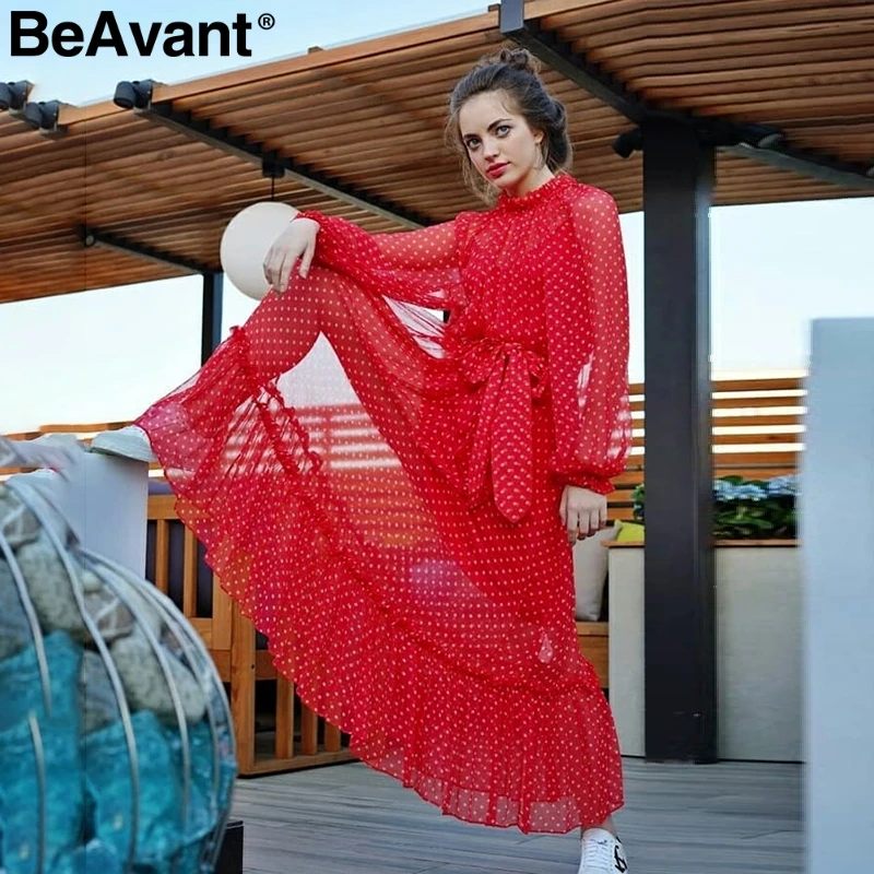 Best BeAvant Polka dot red autumn winter dress women Elegant lantern sleeve long party dresses Ruffle o neck black ladies vestidos