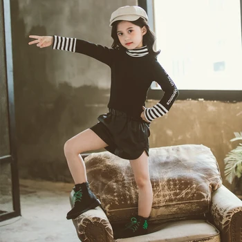 

2020 Girls Spring and Autumn New Korean Striped Bottoming Children's Clothing Thread Cuff Leather Pants Set Two-piece Suit