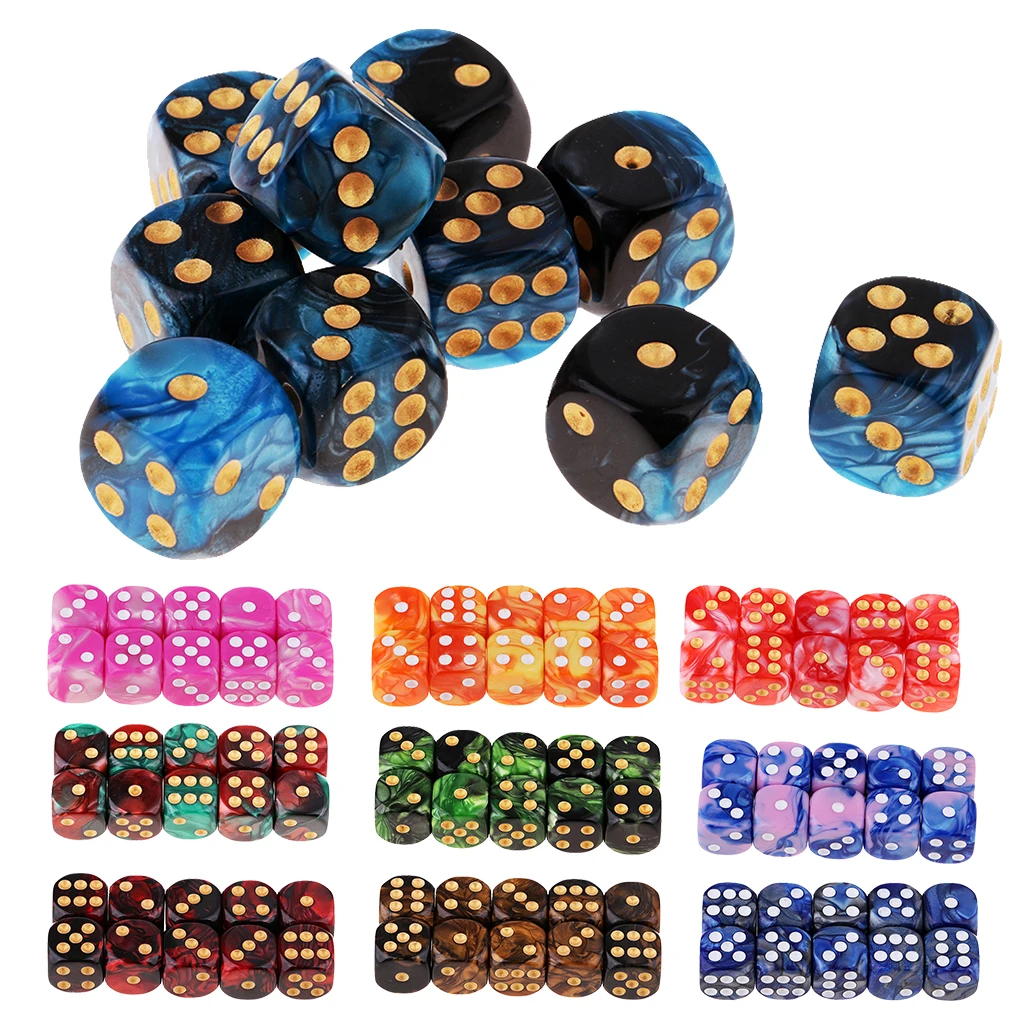 Set of 10 Six Sided Square D6 16mm Dice Die Multi-Color White/Gold Pip 