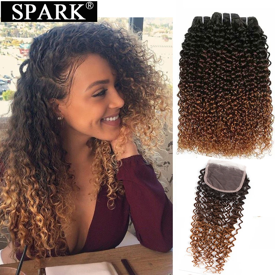 SPARK Ombre Human Hair Weave Bundles With Closure Brazilian Afro Kinky Curly Hair With Closure Remy Human Hair Extensions Black