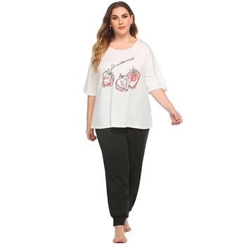 

Women' s Large Size Pajamas Sets White Three Quarter Tops And Black Full Length Pajamas Casual Loose Home Wear