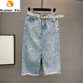 

Mid-length Denim Skirt Women 2020 Summer Wear New High Waist Diamond Set Slit One-step Skirt Girls Ladies Slim Pencil Jean Skirt